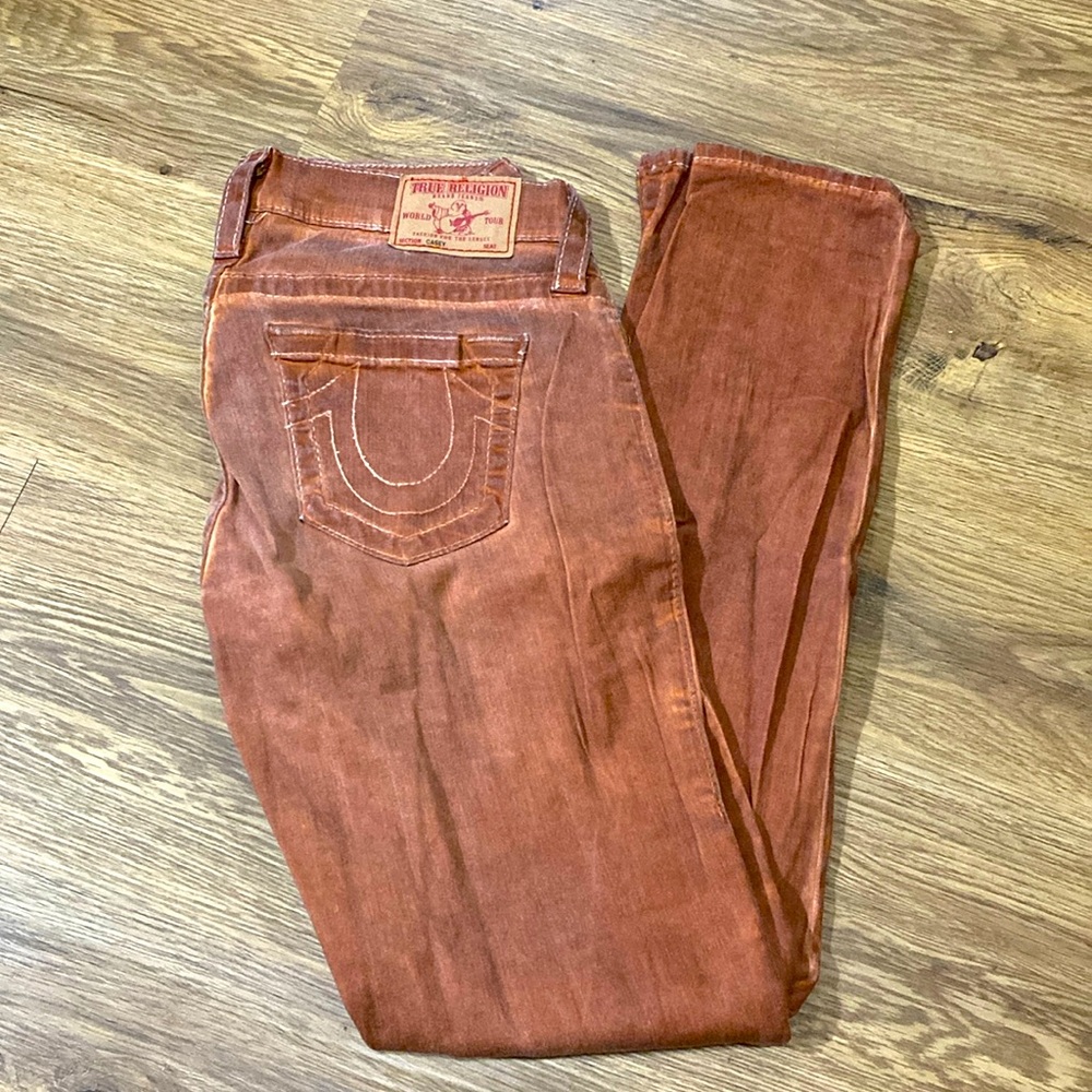 True Religion “Casey” burnt orange skinny jeans jeggings size 28